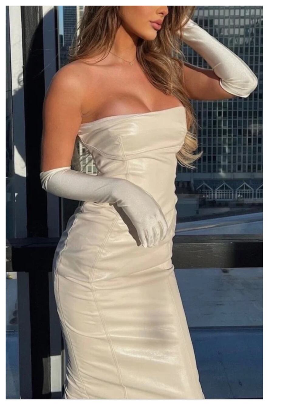 NEW House of CB Camilla Ivory Vegan Leather Strapless Dress Size XS